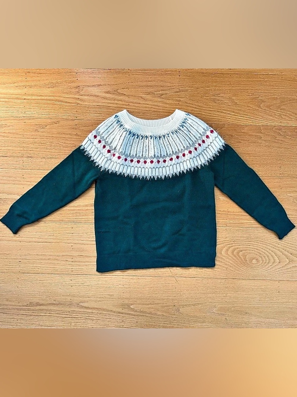 Style & Co Fair-Isle Dark Green Sweater with Pink, Blue, and Silver in Size Larg